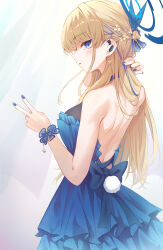 Rule 34 | 1girl, absurdres, alternate costume, blonde hair, blue archive, blue dress, blue eyes, blue hair, blue halo, blue nails, blush, braid, breasts, dress, earrings, fake tail, fingernails, halo, highres, jewelry, long hair, medium breasts, multicolored hair, nail polish, open mouth, rabbit tail, solo, strapless, strapless dress, streaked hair, tail, tang-du, toki (blue archive), v