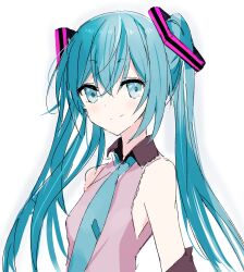 Rule 34 | 1girl, bare shoulders, black sleeves, blue eyes, blue hair, blue necktie, blush, closed mouth, collared shirt, commentary, core (mayomayo), crossed bangs, detached sleeves, dot nose, grey shirt, hair between eyes, hair ornament, hatsune miku, highres, long hair, looking at viewer, necktie, raised eyebrows, shirt, sidelocks, simple background, sketch, sleeveless, sleeveless shirt, smile, solo, twintails, upper body, vocaloid, white background, wing collar