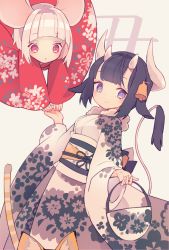 Rule 34 | 2girls, :o, animal ears, bell, black hair, chinese zodiac, closed mouth, commentary, cow ears, cow girl, cow horns, cow tail, floral print, hair bell, hair ornament, hairclip, highres, horns, japanese clothes, kimono, long sleeves, looking at viewer, mouse ears, multiple girls, obi, original, parted lips, print kimono, purple eyes, red eyes, red kimono, sash, saya (sayaya), short hair, sleeves past wrists, smile, symbol-only commentary, tail, tail raised, white hair, white kimono, wide sleeves, year of the ox
