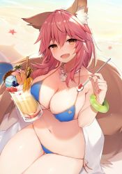 Rule 34 | 1girl, :d, animal ear fluff, animal ears, bare shoulders, beach, bikini, blue bikini, blush, breasts, cleavage, commentary request, covered erect nipples, day, fang, fate/grand order, fate (series), food, fox ears, fox tail, highres, holding, innertube, large breasts, long hair, looking at viewer, muryotaro, navel, open mouth, outdoors, parfait, pink hair, sand, side-tie bikini bottom, sidelocks, sitting, skin fang, skindentation, smile, solo, spoon, stomach, swim ring, swimsuit, tail, tamamo (fate), tamamo no mae (fate/extra), tamamo no mae (swimsuit lancer) (fate), thighs, towel, yellow eyes
