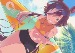 Rule 34 | 1girl, alcohol, animal ears, bare shoulders, bike shorts, black footwear, blush, breasts, brown hair, cloud, crop top, day, eyewear on head, from below, grin, hair over one eye, highres, holding, holding surfboard, horse ears, horse girl, horse tail, jewelry, lens flare, long hair, looking at viewer, looking down, low ponytail, maru (hachi 47923), midriff, navel, open mouth, outdoors, outstretched arm, palm tree, pendant, reaching, reaching towards viewer, shirt, sleeveless, sleeveless shirt, small breasts, smile, solo, standing, sunglasses, surfboard, tail, tree, umamusume, vodka (umamusume), wristband, yellow eyes