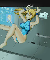Rule 34 | 1girl, absurdres, armpits, asphyxiation, blonde hair, blue eyes, breasts, bubble, darkenrok, drowning, high ponytail, highres, large breasts, legs, metroid, nintendo, one-piece swimsuit, samus aran, speech bubble, swimming, swimsuit, thighs, underwater, waterfan