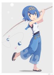 Rule 34 | 1girl, blue eyes, blue hair, blue pants, blue sailor collar, blush, commentary request, creatures (company), dive ball, fishing line, fishing rod, flip-flops, game freak, hairband, heart, highres, holding, holding fishing rod, lana (pokemon), nintendo, one-piece swimsuit, open mouth, pants, poke ball, pokemon, pokemon sm, ranka (tonbo), sailor collar, sandals, shirt, short hair, sleeveless, solo, standing, standing on one leg, swimsuit, swimsuit under clothes, toes, tongue, trial captain