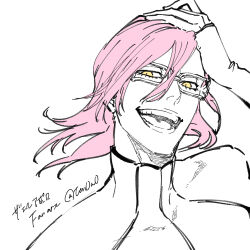 Rule 34 | 1boy, :d, arrancar, artist name, bleach, close-up, floating hair, glasses, gloves, hair between eyes, hand on own head, highres, looking at viewer, male focus, open mouth, pink hair, smile, solo, szayelaporro granz, ten0u0, upper body, white background, white gloves, yellow eyes