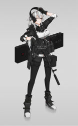Rule 34 | 1girl, ak-15, arm strap, artist name, assault rifle, black pantyhose, boots, chinese robot kid, commentary request, ear protection, emblem, gas mask, gloves, grey background, grey eyes, gun, weapon case, handgun, highres, holster, kalashnikov rifle, laser sight, pantyhose under shorts, load bearing vest, long hair, loose socks, magazine (weapon), mask, original, painttool sai, pantyhose, patch, pistol, rifle, shorts, simple background, sleeves rolled up, socks, solo, suppressor, thigh holster, thigh strap, trigger discipline, weapon, white hair