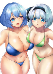 2girls absurdres bikini black_hairband blue_bikini blue_eyes blue_hair bob_cut breasts cleavage commentary_request cowboy_shot green_bikini hairband heterochromia highres konpaku_youmu large_breasts multiple_girls red_eyes reo_adriano short_hair simple_background swimsuit tatara_kogasa touhou wet white_background white_hair