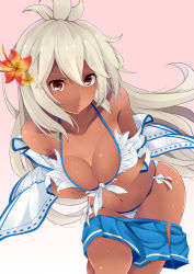 Rule 34 | 10s, 1girl, ahoge, arms at sides, bad id, bad pixiv id, bare shoulders, breasts, cleavage, clothes down, clothes pull, collarbone, dark-skinned female, dark skin, flower, front-tie top, gradient background, granblue fantasy, hair flower, hair ornament, long hair, looking at viewer, medium breasts, midriff, navel, pleated skirt, red eyes, serious, skirt, skirt pull, solo, thighs, white hair, youkan (mattya youkan), zooey (granblue fantasy), zooey (summer) (granblue fantasy)