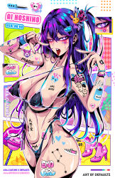 Rule 34 | 1girl, absurdres, ahegao, artist name, bare shoulders, bead bracelet, beads, big dipper, bikini, black bikini, blue bracelet, blue nails, blush, body writing, bracelet, breasts, cameltoe, candy, cat hair ornament, character name, collarbone, colored pubic hair, commentary, constellation, copyright name, covered erect nipples, defaultz, english commentary, english text, facial mark, food, hair between eyes, hair ornament, hair ribbon, heart, heart-shaped pupils, heart facial mark, highres, hoshino ai (oshi no ko), jewelry, large breasts, lollipop, long hair, looking at viewer, micro bikini, nail polish, one side up, open mouth, oshi no ko, pink nails, pink ribbon, pubic hair, purple eyes, purple hair, rabbit hair ornament, ribbon, saliva, scrunchie, sidelocks, skull, solo, star-shaped pupils, star (symbol), star hair ornament, sticker, stomach, swimsuit, swirl lollipop, symbol-shaped pupils, tattoo, thighs, tongue, tongue out, white background, wrist scrunchie