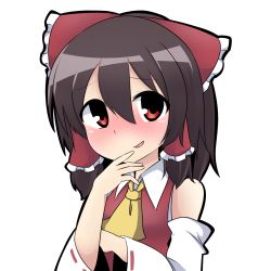 Rule 34 | 1girl, :d, ascot, bad id, bad pixiv id, blush, bow, brown hair, detached sleeves, hair bow, hair ribbon, hair tubes, hakurei reimu, looking at viewer, open mouth, red eyes, ribbon, simple background, smile, solo, touhou, twumi, white background