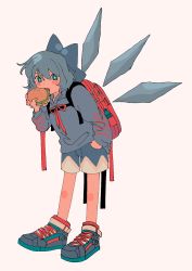 Rule 34 | 1girl, adapted costume, alternate costume, backpack, bag, blue bow, blue eyes, blue footwear, blue hair, blue hoodie, blue shorts, bottle, bow, burger, casual, cirno, commentary, contemporary, eating, food, hair between eyes, hair bow, hand in pocket, highres, holding, holding food, hood, hoodie, ice, ice wings, leaning forward, long sleeves, looking at viewer, neck ribbon, randoseru, rbfnrbf (mandarin), red ribbon, ribbon, shoes, short hair, shorts, simple background, solo, standing, touhou, white background, wings