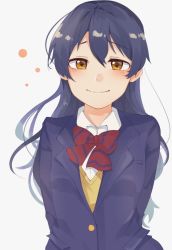 Rule 34 | 1girl, arms behind back, blazer, blue hair, blush, bow, bowtie, closed mouth, commentary request, hair between eyes, jacket, long hair, long sleeves, looking at viewer, love live!, love live! school idol project, otonokizaka school uniform, red bow, red bowtie, school uniform, simple background, smile, solo, sonoda umi, standing, striped bow, striped bowtie, striped clothes, striped neckwear, white background, yellow eyes, zunda mochi (zundamochilala)