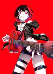 Rule 34 | 1girl, aya shachou, bang dream!, belt, black choker, black hair, black jacket, choker, colored skin, earrings, electric guitar, fingernails, foreshortening, guitar, highres, holding, holding instrument, hood, hooded jacket, hoop earrings, instrument, jacket, jewelry, looking at viewer, mitake ran, multicolored hair, necklace, perspective, red background, red eyes, red theme, short hair, simple background, smile, solo, standing, streaked hair, thigh belt, thigh strap, white skin, wide-eyed