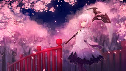 Rule 34 | 18 (backstreetno18), 1girl, bare legs, blank stare, blurry, blurry background, bridge, cherry blossoms, commentary request, duel monster, ghost reaper &amp; winter cherries, hair ornament, holding, holding scythe, japanese clothes, kimono, long hair, looking afar, low twintails, night, night sky, outdoors, petals, pink hair, pink kimono, railing, red eyes, sash, scythe, sky, solo, star (sky), starry sky, torn clothes, torn kimono, tree, twintails, wide sleeves, yu-gi-oh!