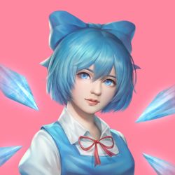 Rule 34 | 1girl, bad id, bad pixiv id, blue bow, blue dress, blue eyes, blue hair, blue theme, bow, breasts, cirno, collared shirt, dress, hair bow, highres, ice, ice wings, lips, neck ribbon, pink background, puffy short sleeves, puffy sleeves, realistic, red ribbon, ribbon, sdz (inazuma), shirt, short hair, short sleeves, small breasts, smile, solo, touhou, upper body, white shirt, wings