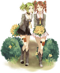 Rule 34 | 00s, 2girls, boots, bouquet, droite (tales), flower, gauche (tales), green eyes, green hair, knee boots, legs, long legs, miho (mi), multiple girls, red eyes, red hair, smile, tales of (series), tales of vesperia, thighs, twintails