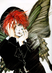 Rule 34 | androgynous, angel cage, angel sanctuary, artbook, beliel, black nails, blue eyes, butterfly wings, crossdressing, formal, gender request, hands on own face, hat, highres, insect wings, lipstick, makeup, male focus, nail polish, red hair, reverse trap, short hair, solo, suit, wings, yuki kaori