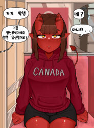 Rule 34 | 1girl, absurdres, arms at sides, bad source, black shorts, blunt bangs, borrowed character, breasts, brown hair, colored skin, cowboy shot, demon girl, demon horns, demon tail, freckles, highres, hood, hoodie, horns, indoors, large breasts, long hair, meruccubus (merunyaa), oni, orange eyes, original, parted lips, pointy ears, red hoodie, red horns, red oni, red skin, sajji (sparrow), shorts, sitting, solo, speech bubble, tail, teeth, translation request