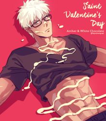 Rule 34 | 1boy, archer (fate), bespectacled, byulrorqual, casual, chocolate, clothes lift, dark-skinned male, dark skin, english text, fate/stay night, fate (series), glasses, grey eyes, male focus, shirt lift, solo, white chocolate, white hair