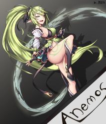 Rule 34 | 1girl, absurdres, anemos (elsword), bow (weapon), breasts, crossbow, detached sleeves, earrings, elf, elsword, green hair, highres, jewelry, large breasts, long hair, looking at viewer, nwo5333, open mouth, pointy ears, rena erindel, ribbon, side ponytail, sideboob, smile, solo, tattoo, underboob, very long hair, weapon, yellow eyes