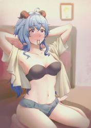 Rule 34 | 1girl, absurdres, ahoge, armpits, arms up, bandeau, bare legs, barefoot, beige shirt, blue hair, blush, bra, breasts, collarbone, commentary request, embarrassed, er gou daoren, ganyu (genshin impact), genshin impact, grey shorts, hair between eyes, hair tie in mouth, highres, horns, indoors, long hair, looking at viewer, medium breasts, micro shorts, mouth hold, navel, nose blush, open clothes, open shirt, purple eyes, short sleeves, shorts, sitting, solo, stomach, strapless, strapless bra, thighs, underwear, very long hair, wariza