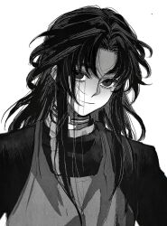 Rule 34 | 1boy, apron, closed mouth, collar, commentary, empty eyes, evil smile, greyscale, highres, jacket, kimi ga shine, long hair, long sleeves, looking at viewer, male focus, monochrome, parted bangs, pipoabubu, satou kai, shaded face, simple background, smile, solo, turtleneck, upper body, white background