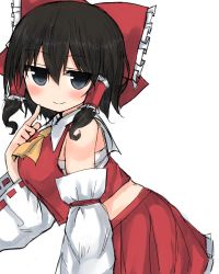 Rule 34 | 1girl, ascot, bad id, bad pixiv id, blush, bow, closed mouth, cowboy shot, detached sleeves, finger to mouth, from side, golgi hon, hair between eyes, hair bow, hair tubes, hakurei reimu, highres, jitome, long sleeves, looking at viewer, midriff, miniskirt, red bow, sarashi, short hair, sidelocks, simple background, skirt, smile, solo, touhou, white background, wide sleeves