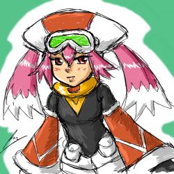 Rule 34 | 1girl, borockman, call (mighty no. 9), goggles, goggles on head, hat, long hair, mighty no. 9, pink eyes, pink hair, robot, solo, twintails, wide sleeves