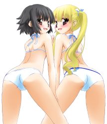 2girls ass bikini black_hair blonde_hair blush brown_eyes highres long_hair looking_back midriff multiple_girls noto_(soranoto) original short_hair swimsuit twintails