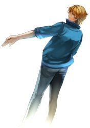 Rule 34 | 10s, 1boy, blonde hair, blue eyes, blue jacket, bomber jacket, colorized, denim, from behind, jacket, jeans, keith goodman, male focus, nicole pmonachi, pants, short hair, simple background, solo, standing, tiger &amp; bunny