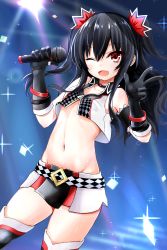 Rule 34 | 1girl, ;d, absurdres, bare shoulders, black gloves, black hair, bracelet, choker, collarbone, commentary request, cowboy shot, crop top, ex idol, gloves, groin, hair between eyes, hair ribbon, highres, holding, holding microphone, idol, jewelry, long hair, looking at viewer, microphone, midriff, miniskirt, multicolored clothes, multicolored skirt, navel, neptune (series), one eye closed, open mouth, red eyes, red ribbon, ribbon, skirt, smile, solo, spotlight, star (symbol), starry background, stomach, thighhighs, two side up, uni (neptunia), w