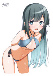 1girl asashio_(kancolle) ayuman bikini black_hair blue_eyes collarbone commentary_request commission cowboy_shot cropped_legs dated flat_chest grey_bikini kantai_collection leaning_forward long_hair looking_at_viewer navel side-tie_bikini_bottom signature simple_background solo standing swimsuit white_background