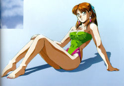 Rule 34 | 1980s (style), 1girl, anice farm, arm support, bare shoulders, barefoot, borgman, brown eyes, brown hair, casual one-piece swimsuit, chouon senshi borgman, earrings, hair ribbon, half updo, jewelry, retro artstyle, one-piece swimsuit, reclining, retro artstyle, ribbon, scan, shadow, sitting, solo, swimsuit