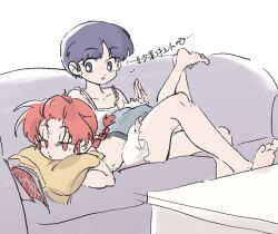 Rule 34 | 2girls, ass, barefoot, blue eyes, blue hair, braid, braided ponytail, couch, couple, highres, legs, luuxiriver, magazine (object), multiple girls, ranma-chan, ranma 1/2, red hair, short hair, sitting, spanking, tendou akane, toes, topless
