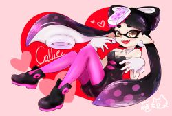 Rule 34 | + +, 1girl, ankle boots, artist name, black footwear, black hair, black jumpsuit, boots, breasts, brown eyes, callie (splatoon), character name, cleavage, collar, commentary, detached collar, earrings, fangs, food, food on head, gloves, gradient hair, heart, highres, inkling, jewelry, jumpsuit, long hair, looking at viewer, mole, mole under eye, multicolored hair, naki tamago, nintendo, object on head, open mouth, pantyhose, pointy ears, purple hair, purple pantyhose, short jumpsuit, signature, sitting, small breasts, smile, solo, splatoon (series), splatoon 1, squid pose, strapless, sushi, swept bangs, tentacle hair, very long hair, white collar, white gloves, wing collar