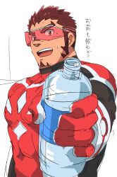 Rule 34 | 1boy, akashi (live a hero), bara, facial hair, goatee, highres, incoming drink, live a hero, long sideburns, male focus, muscular, muscular male, pectorals, red eyes, red hair, ruizu (takakisan503), scar, scar on face, scar on nose, short hair, sideburns, solo, superhero costume, sweat, thick eyebrows, translation request, unfinished, upper body, white background
