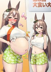 Rule 34 | 1girl, animal ears, big belly, blunt ends, blush, breasts, brown eyes, brown hair, center-flap bangs, clenched hand, commentary request, commission, cowboy shot, ear ornament, english text, fat, full stomach, green shorts, grey background, hair between eyes, hand on own stomach, highres, holding, holding microphone, horse ears, horse girl, jitome, large breasts, long hair, looking at viewer, looking to the side, microphone, multiple views, navel, open mouth, satono diamond (umamusume), shigekikkusu, shirt, shorts, signature, skeb commission, star (symbol), sweat, tail, tareme, thick thighs, thighs, tied shirt, translation request, umamusume, white shirt, yellow background