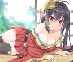 Rule 34 | 1girl, ahoge, azur lane, bare shoulders, black hair, black thighhighs, blush, breasts, cleavage, collarbone, day, hair between eyes, hair ribbon, indoors, japanese clothes, keiran (ryo170), kimono, large breasts, long hair, long sleeves, looking at viewer, lying, miniskirt, obi, off shoulder, on stomach, pleated skirt, red eyes, red kimono, red skirt, ribbon, sash, skirt, smile, solo, taihou (azur lane), thighhighs, thighs, twintails, very long hair, wide sleeves