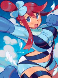 Rule 34 | 1girl, :d, absurdres, arm up, blue background, blue eyes, blue footwear, blue gloves, blue jacket, blue shorts, blush, boots, breasts, clenched hand, cloud, constellor, cowboy shot, creatures (company), crop top, cropped jacket, feathers, game freak, gloves, hair ornament, highres, jacket, large breasts, looking at viewer, midriff, navel, nintendo, one side up, open mouth, pokemon, pokemon bw, pouch, red hair, short hair with long locks, short shorts, shorts, sidelocks, sky, skyla (pokemon), smile, solo, standing, standing on one leg, teeth, thigh pouch, thigh strap, turtleneck, twitter username, upper teeth only
