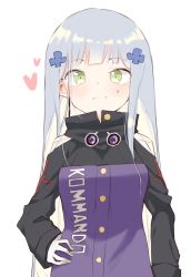 Rule 34 | 1girl, blush, breasts, closed mouth, commentary, facial mark, girls&#039; frontline, gloves, green eyes, hair ornament, hand on own hip, heart, high collar, highres, hk416 (girls&#039; frontline), jacket, long hair, long sleeves, looking at viewer, purple jacket, silver hair, simple background, sleeves past wrists, small breasts, solo, tosyeo, upper body, very long hair, white background, white gloves