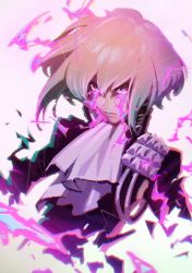 1boy, absurdres, ascot, black jacket, blonde hair, colored tears, crying, crying with eyes open, fire, highres, jacket, leaning back, lio fotia, looking at viewer, male focus, mosako, promare, purple eyes, purple fire, solo, tears, upper body, white background, white neckwear