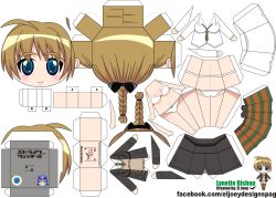 Rule 34 | 1girl, ahoge, artist name, between breasts, bikini, blue eyes, blush, braid, breasts, brown hair, character name, chibi, el joey, highres, long hair, lynette bishop, navel, necktie, necktie between breasts, paper cutout, papercraft, ponytail, single braid, smile, solo, strike witches, striped clothes, striped thighhighs, swimsuit, thighhighs, watermark, web address, white bikini, world witches series