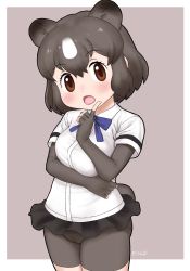 Rule 34 | 1girl, :o, animal ears, artist name, bear ears, bear girl, bear tail, bike shorts, black gloves, black skirt, blue bow, blue bowtie, blush, bow, bowtie, breast hold, breasts, brown bear (kemono friends), brown eyes, collared shirt, commentary request, cowboy shot, elbow gloves, extra ears, fingerless gloves, gloves, grey background, highres, index finger raised, kemono friends, large breasts, looking at viewer, masuyama ryou, multicolored hair, shirt, short hair, short sleeves, shorts, shorts under skirt, skirt, solo, tail, two-tone background, two-tone hair, white background, white shirt
