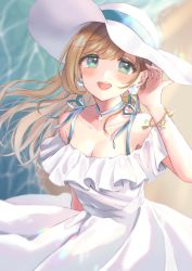 Rule 34 | 1girl, :d, anoa, bare shoulders, beach, blurry, blurry background, blush, bracelet, breasts, brown hair, cleavage, collarbone, commentary request, depth of field, dress, earrings, glint, green eyes, hair between eyes, hand up, hat, highres, idolmaster, idolmaster cinderella girls, jewelry, long hair, medium breasts, off-shoulder dress, off shoulder, open mouth, sand, sato shin, shell, shell earrings, smile, solo, sun hat, teeth, tucking hair, upper teeth only, very long hair, water, white dress, white hat