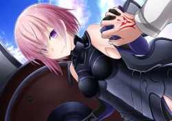 Rule 34 | 1girl, 510if, absurdres, armor, armored dress, bare shoulders, blue sky, blush, cloud, command spell, day, fate/grand order, fate (series), highres, mash kyrielight, purple eyes, purple hair, shield, short hair, sky, solo, solo focus
