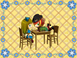 Rule 34 | 1boy, 1girl, alice liddell (kuni no alice), animal ears, apron, aqua eyes, arm support, arm up, blonde hair, blue eyes, boots, bow, card, cheese, chibi, dress, flower, food, game cg, green eyes, hair bow, hair over one eye, hat, heart no kuni no alice, streaked hair, holding, holding card, legs up, long hair, lying, mouse ears, mouse tail, multicolored hair, necktie, official art, on stomach, open mouth, pierce villiers, playing card, puffy sleeves, red hair, sitting, skirt, table, tail, wristband