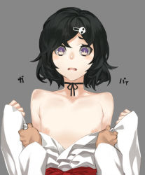 Rule 34 | 2boys, 92m, assisted exposure, black hair, blush, choker, hair ornament, hairclip, japanese clothes, looking at viewer, male focus, miko, multiple boys, nipples, okabe rintarou, open clothes, open mouth, pov, ribbon choker, short hair, skull hair ornament, steins;gate, trap, undressing, urushibara ruka