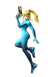 Rule 34 | 1girl, 3d, absurdres, ankle boots, blonde hair, blue eyes, bodysuit, boots, breasts, closed mouth, from side, game model, gloves, gun, hair tie, hand up, highres, holding, holding gun, holding weapon, leaning forward, leg lift, lips, long hair, looking at viewer, medium breasts, metroid, mole, mole under mouth, neon trim, nintendo, official art, outstretched arm, paralyzer, pilot suit, ponytail, samus aran, serious, sidelocks, simple background, skin tight, solo, super smash bros., swept bangs, trigger discipline, turtleneck, weapon, white background, zero suit