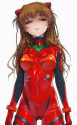 Rule 34 | 1girl, artist request, blue eyes, blush, bodysuit, breasts, brown hair, cameltoe, cowboy shot, expressionless, hair ornament, hairpods, highres, interface headset, k19, lips, long hair, looking at viewer, looking to the side, medium breasts, multicolored bodysuit, multicolored clothes, neon genesis evangelion, pilot suit, plugsuit, rebuild of evangelion, red bodysuit, shiny clothes, shiny skin, simple background, skin tight, solo, souryuu asuka langley, standing, twintails, two side up, upper body, white background