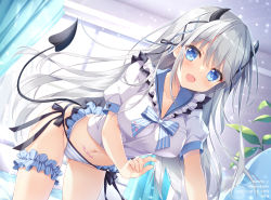 Rule 34 | 1girl, :d, all fours, ameto yuki, blue eyes, bow, bowtie, breasts, bridal garter, collarbone, demon horns, demon tail, frilled panties, frilled shirt, frills, gluteal fold, grey hair, hair ribbon, horns, indoors, large breasts, long hair, looking at viewer, multi-strapped panties, navel, no pants, open mouth, original, panties, ribbon, sailor collar, shirt, short sleeves, side-tie panties, smile, solo, stomach, stomach tattoo, string panties, striped bow, striped bowtie, striped clothes, striped panties, tail, tattoo, thighs, underwear, very long hair, white panties, white shirt