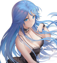 Rule 34 | 1girl, absurdres, azur lane, babydoll, bare shoulders, black babydoll, black choker, blue eyes, blue hair, breasts, chinese commentary, choker, cleavage, closed mouth, collarbone, commentary request, eyebrows hidden by hair, floating hair, hair between eyes, highres, jiantai, large breasts, long hair, looking at viewer, official alternate costume, parted bangs, ribbon, sidelocks, simple background, sleepwear, solo, sovetskaya belorussiya (azur lane), sovetskaya belorussiya (relaxation stratagem) (azur lane), standing, upper body, very long hair, white background, wrist cuffs, wrist ribbon